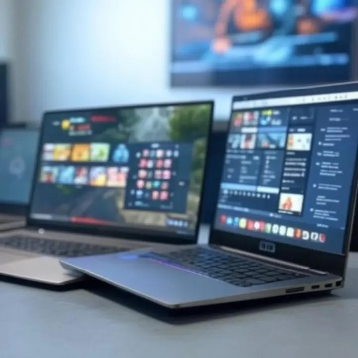 Zestaw nowoczesnych laptopów prezentowanych na ciemnym tle